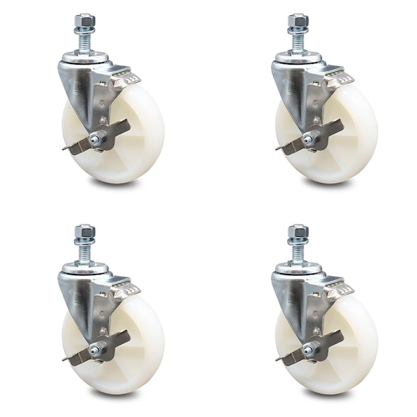 5 Inch Nylon Wheel Swivel 10mm Threaded Stem Caster Set with Brake SCC